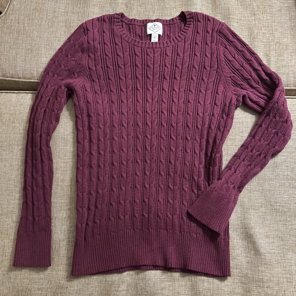 Women's Long Sleeve Cable Knit Sweater Crew‎  Fisherman Preppy Barbie Burgundy L